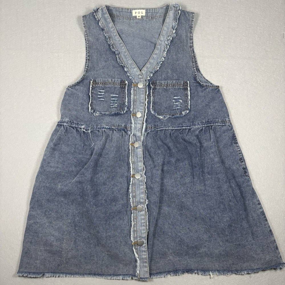 Pol Women's Distressed Trim Denim Dress Pockets Size Medium Sleeveless Blue